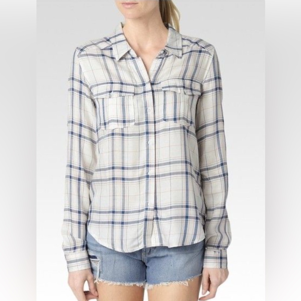 PAIGE Blue White Navy Mya Lightweight Plaid Button-Down Flannel Shirt Large